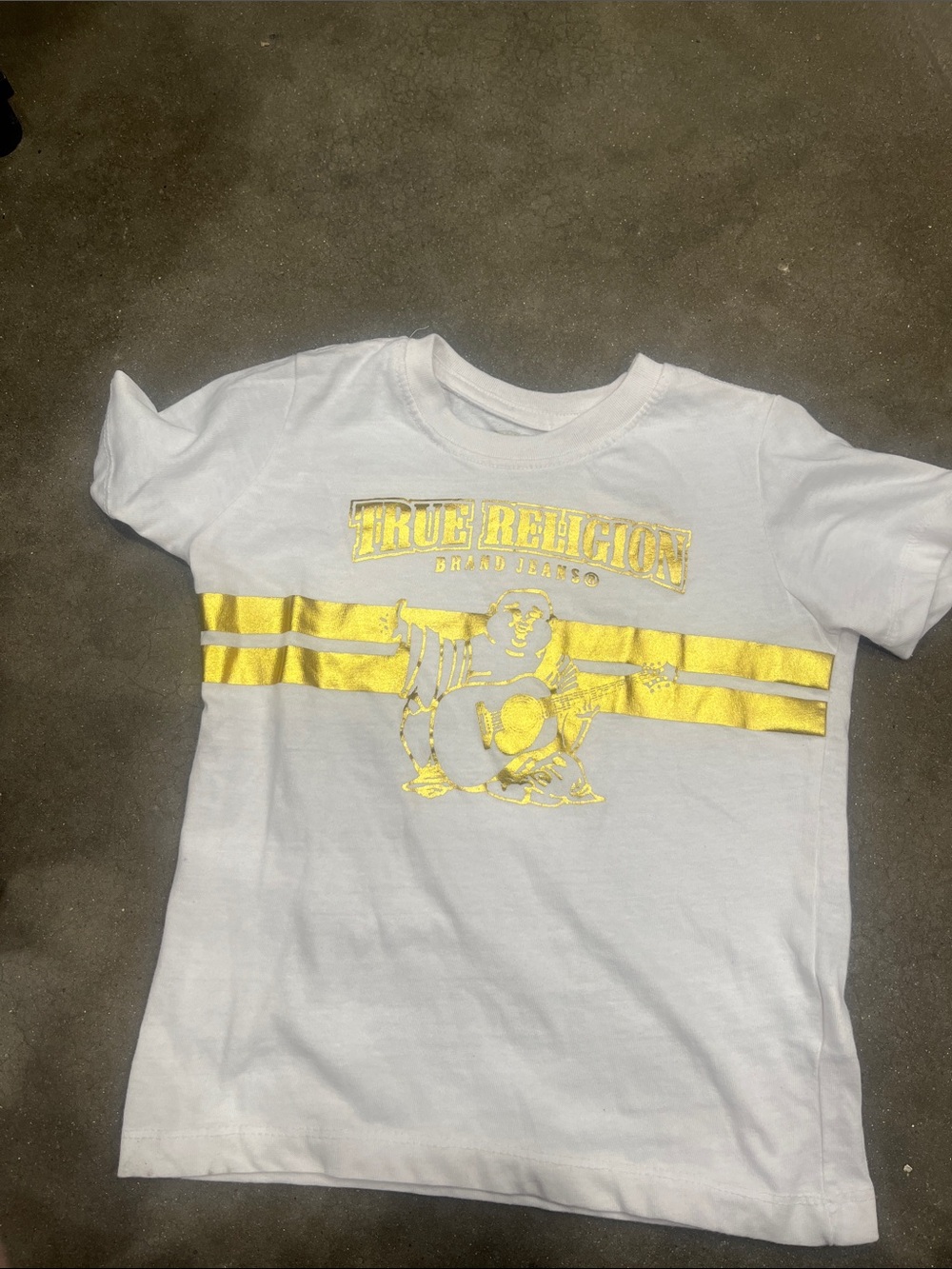 True Religion White Tee with Metallic Gold Logo and Stripes